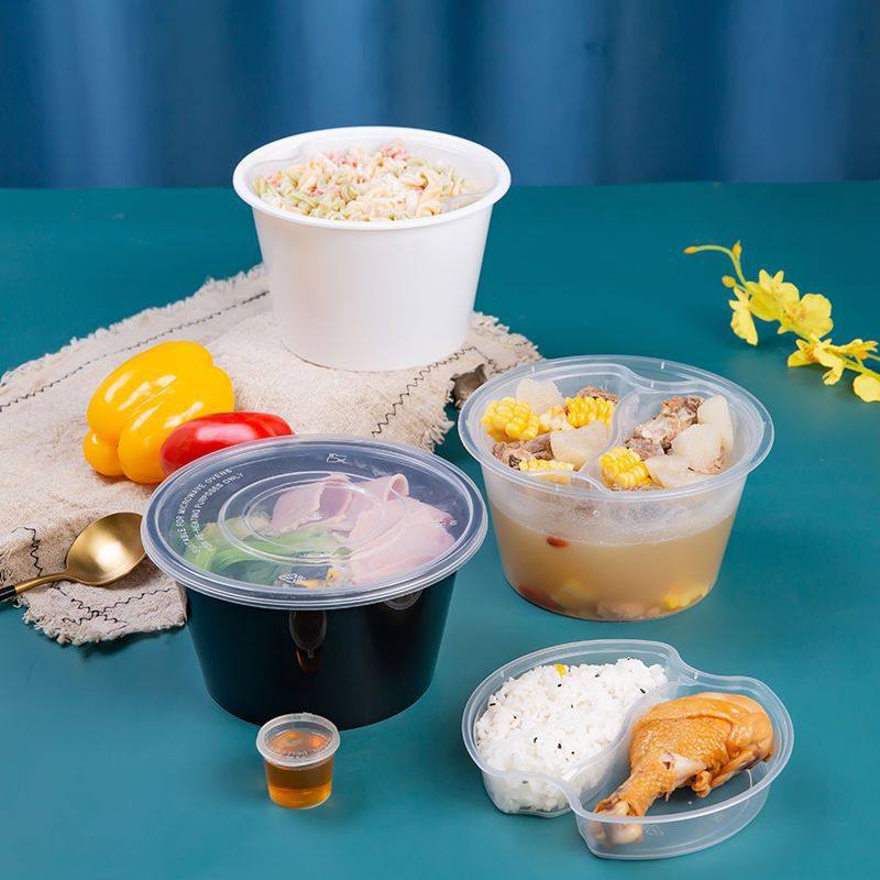 Round disposable noodle soup separation bowl packing box thickened high cover double layer with lined takeaway soup meal box wholesale