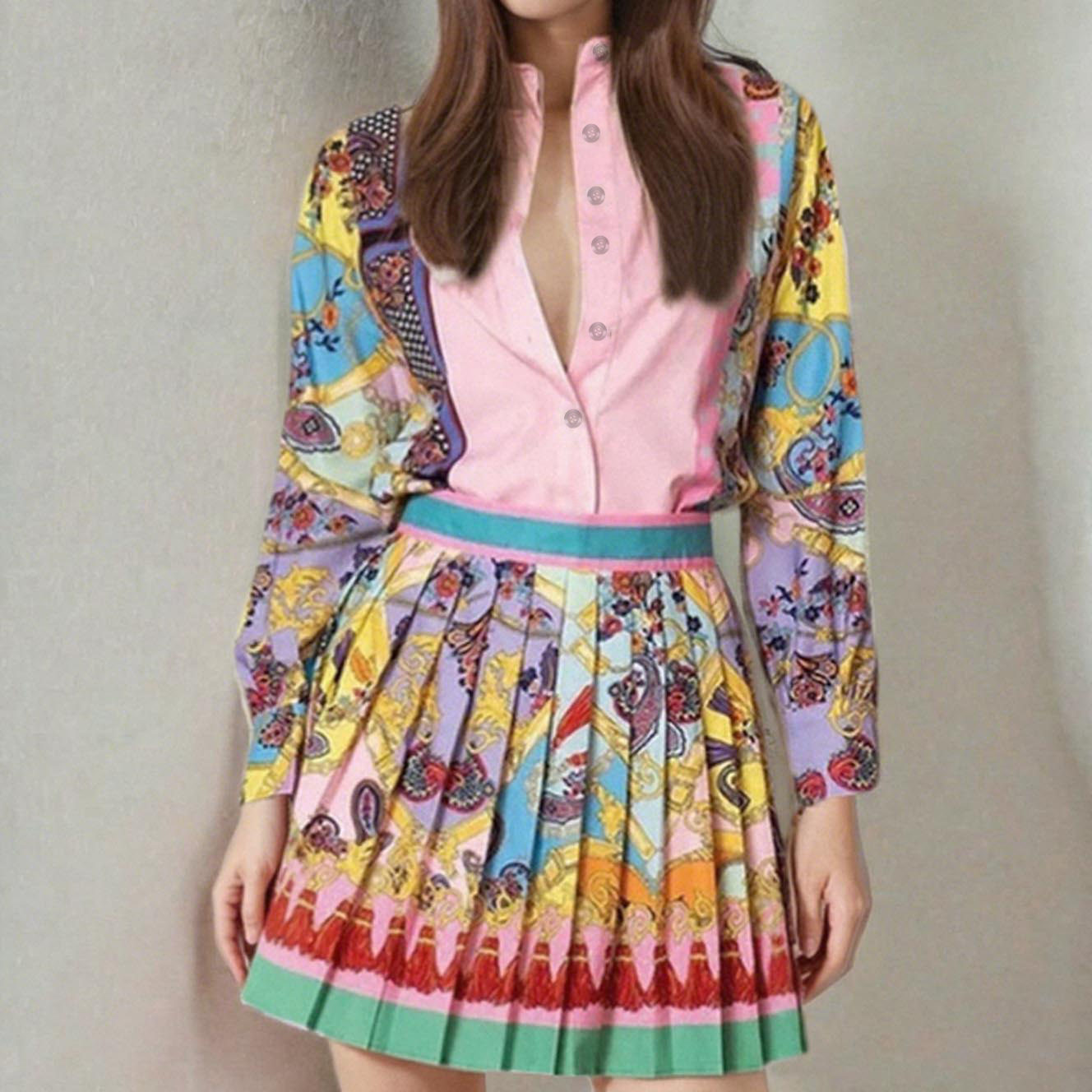 Spring Floral Long Sleeve Shirt and Pleated Skirt Set for Women Stylish Two Piece Outfit Perfect for Casual or Business