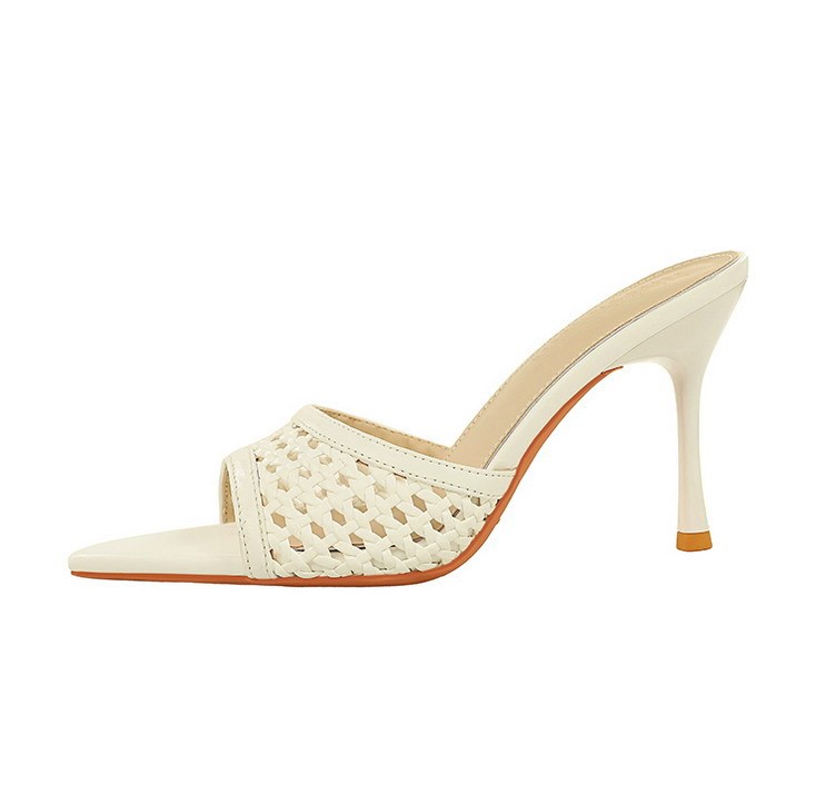 Sandal cao gót nữ mũi nhọn hở ngón quai dệt phối đồ thời trang — Màu bạc, Màu be, màu đen, Màu trắng
