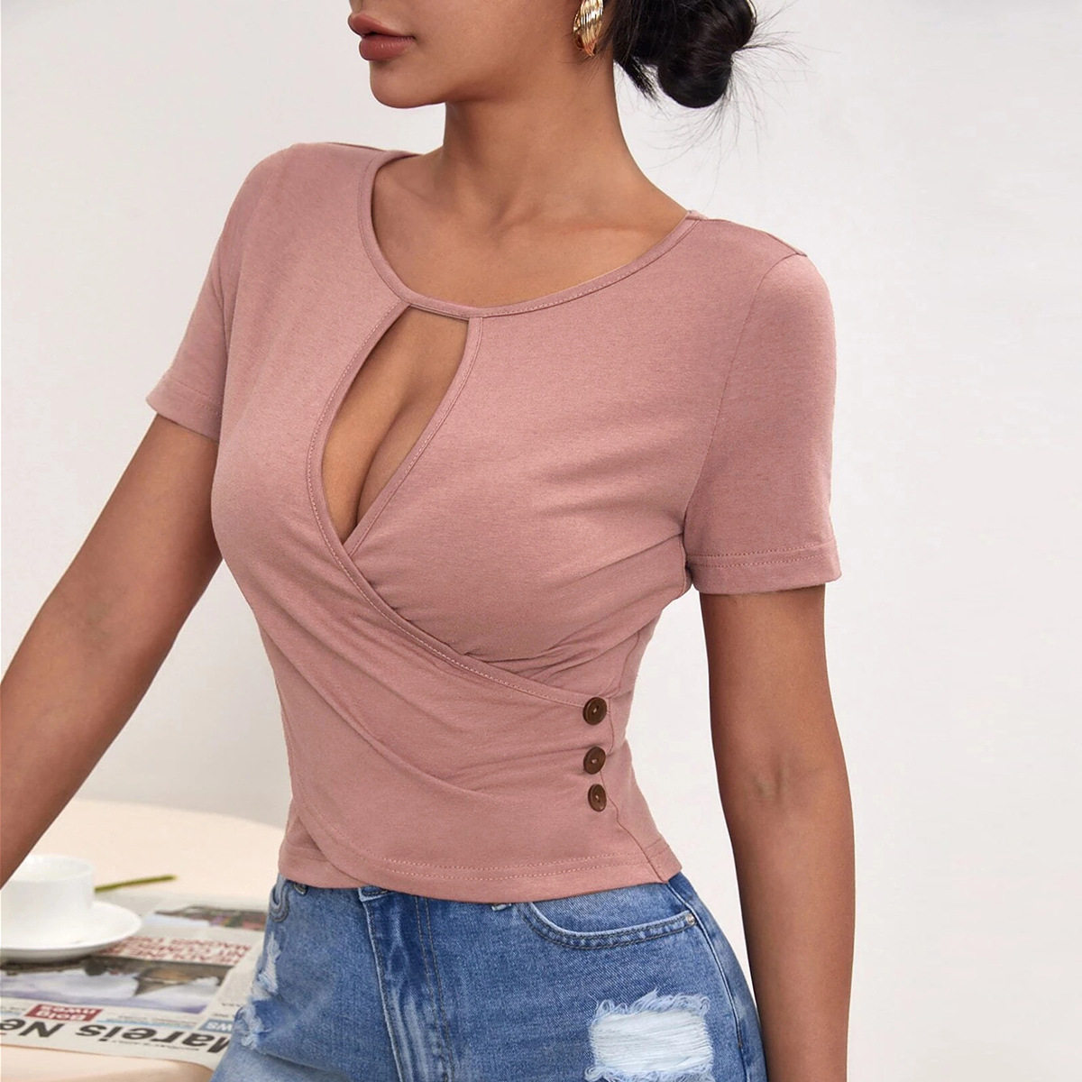 Womens Casual Short Sleeve T Shirt Sexy Hollow Out Design Button Detail Slim Fit Stylish Summer Top Wholesale