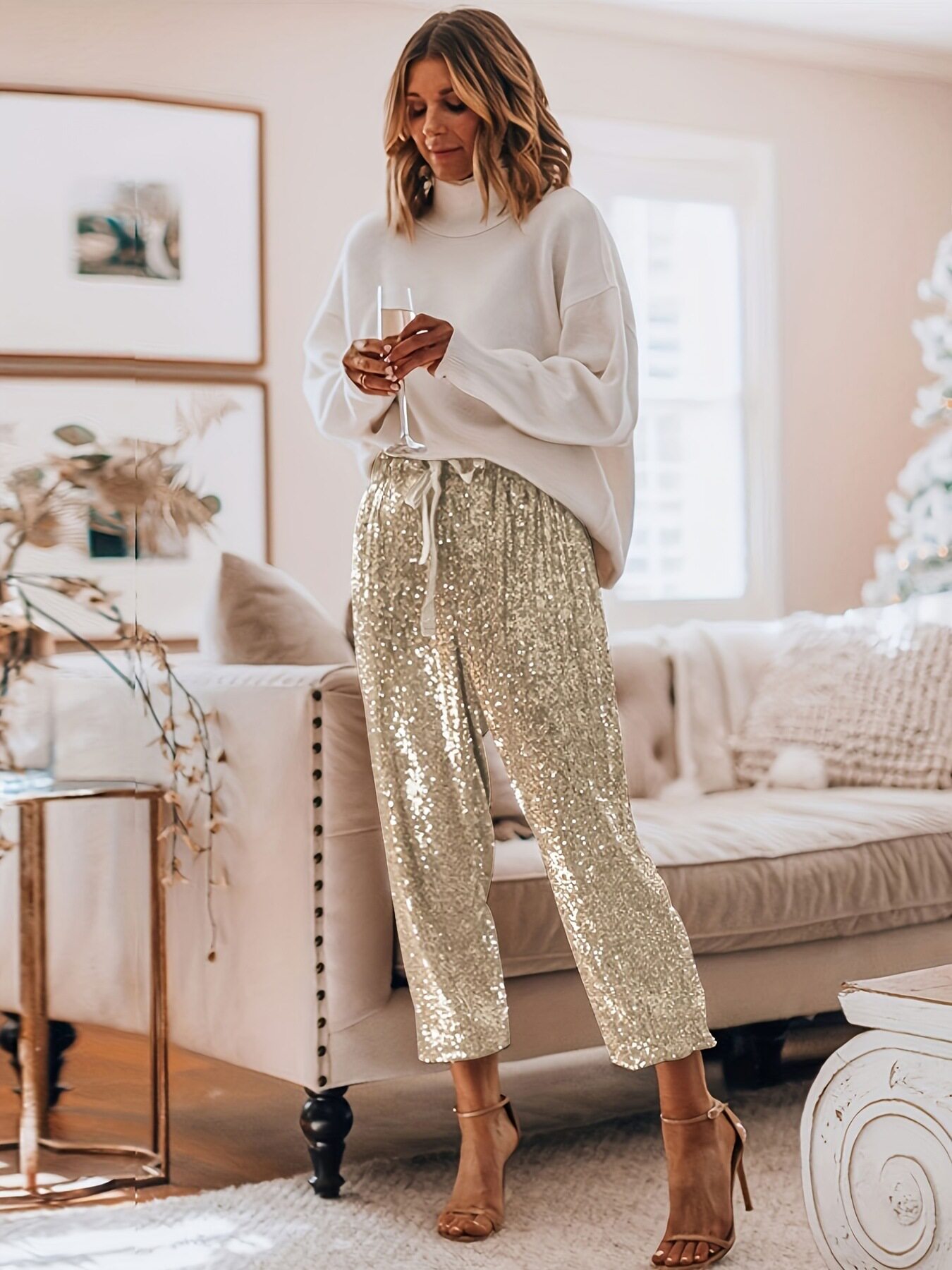 High Waisted Ruffle Hem Casual Pants Fashionable Solid Color Sequin Detail Comfortable Fit Perfect for Everyday Wear