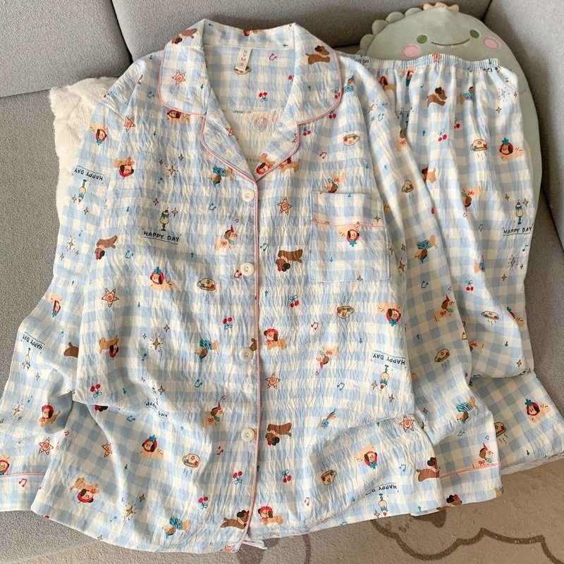 带胸垫大码睡衣女春秋季长袖甜美少女草莓条纹家居服套装现货跨境