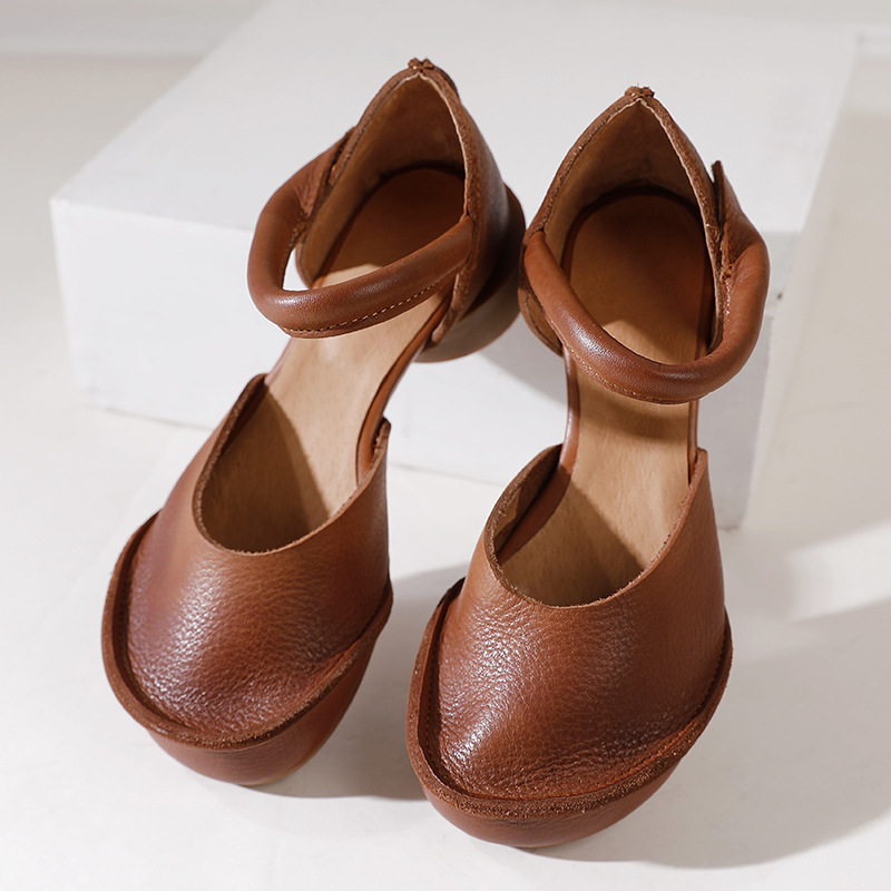 Giày sandal nữ quai ngang gót thô bọc mũi bằng da bò thật, đế mềm thủ công — Màu đen, Màu nâu