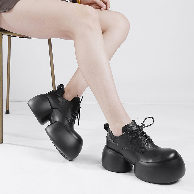 Boot Martin nữ da bò thật cổ ngắn gót thô buộc dây — Màu nâu đậm