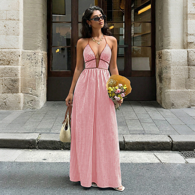 V Neck Striped Backless Dress Fresh Vacation Style Lightweight Fabric Summer Wear Wholesale Available