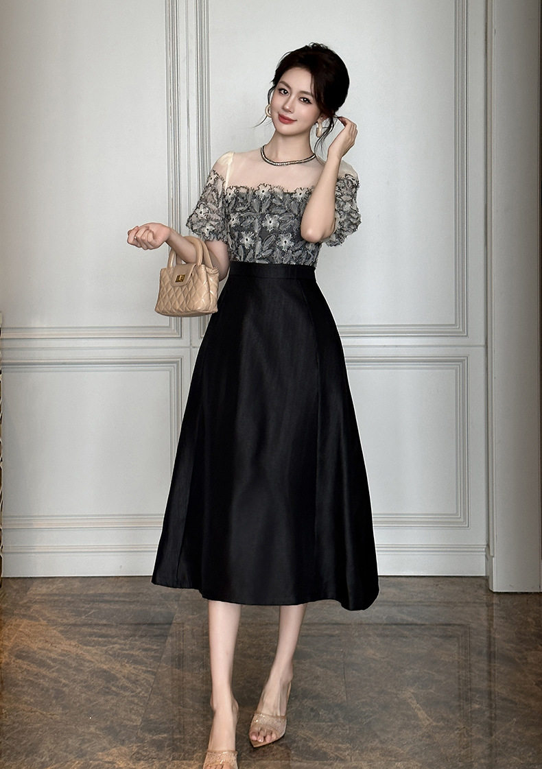Đầm maxi nữ tay bồng cổ tròn, thiết kế ren viền cổ, dáng suông oversize, eo cao — [Đen] chi tiết 9