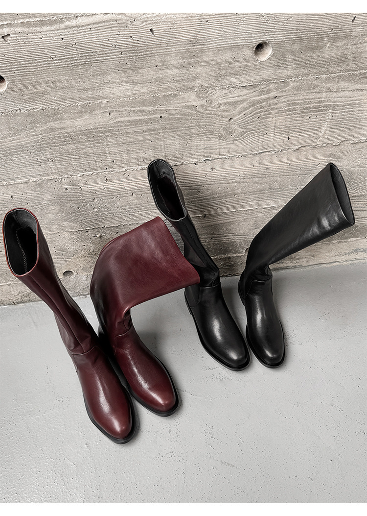 Boot nữ cổ cao da bò thật đế bằng dáng ôm chân — màu đen, màu nâu đỏ