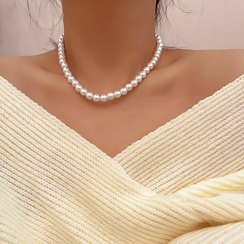 4-12mm Glass Pearl Necklace Women's Pearl Necklace Texture Chain Clavicle Chain Women's French Style Versatile Neck Necklace