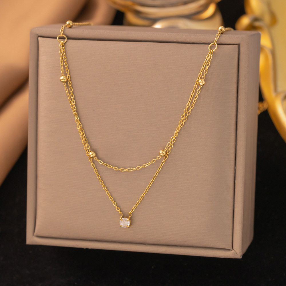 2025 New Exquisite Half-Double-Layer Single Diamond Titanium Steel Necklace, Feminine, Light Luxury, Niche Style, Layered Gold Bead Collarbone Chain