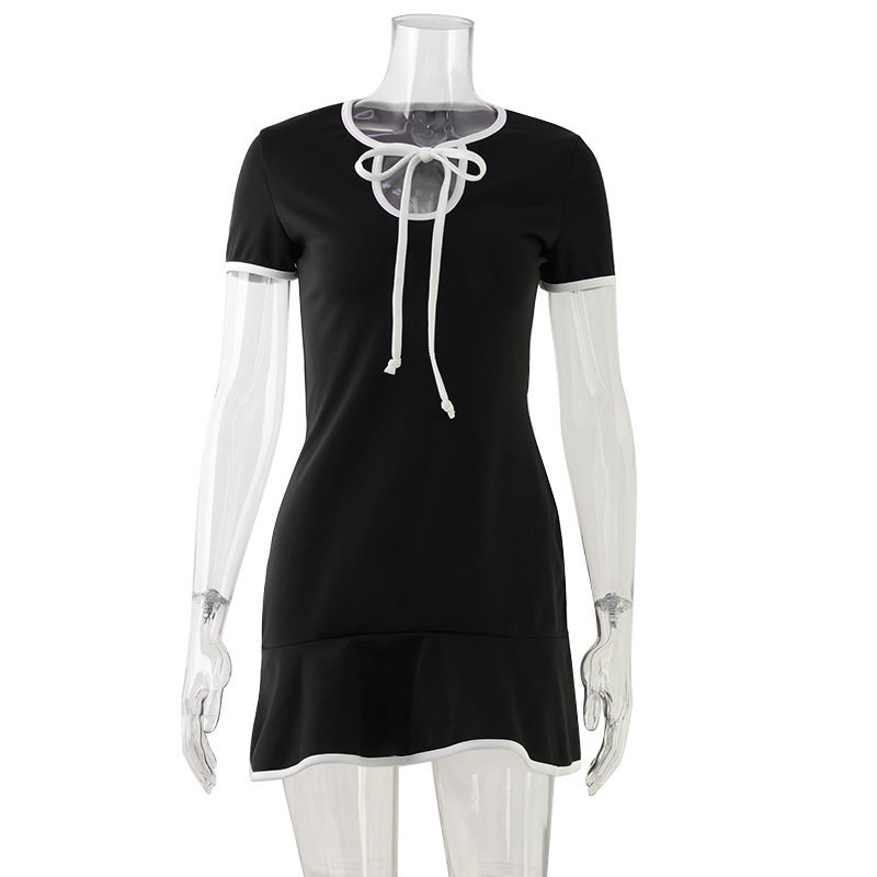 Fashion Womens Dress Round Neck Short Sleeve Color Block Slim Fit Ruffled Hem Casual Summer Wear Wholesale