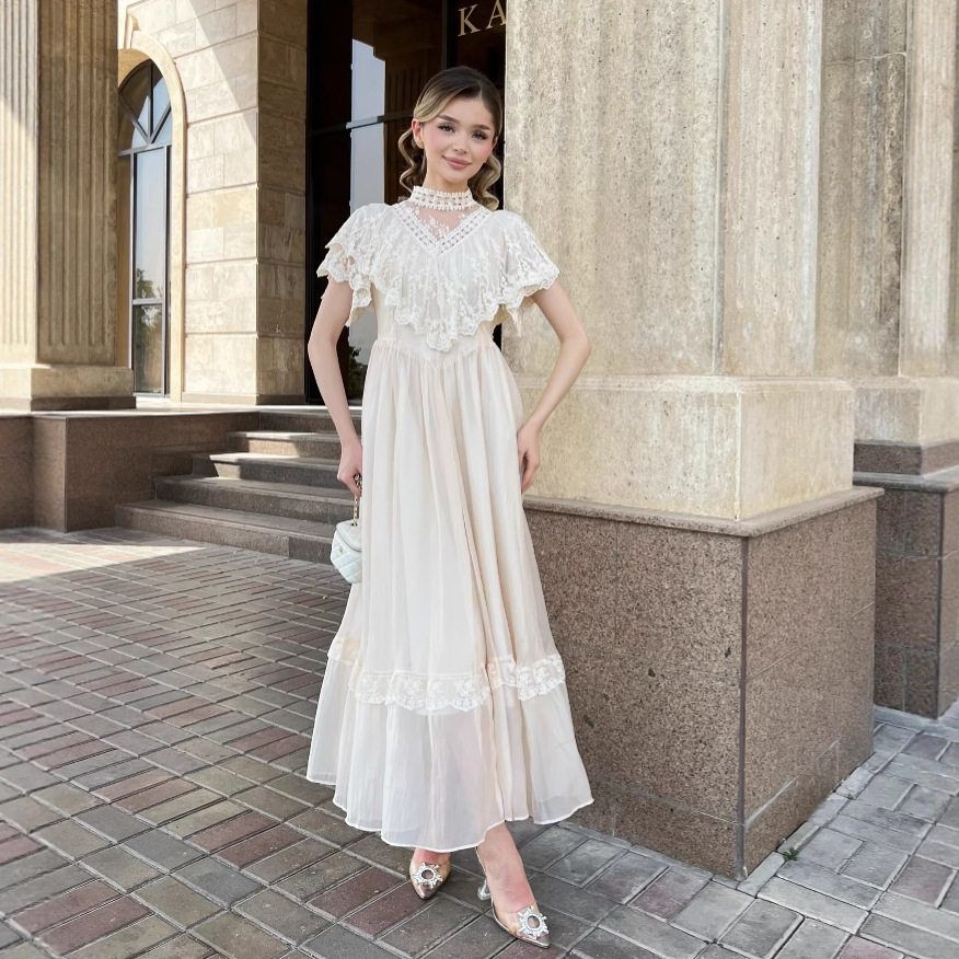 Elegant Vintage White Lace Panel Maxi Dress Lightweight Flowing Summer Style Perfect for Parties and Special Occasions