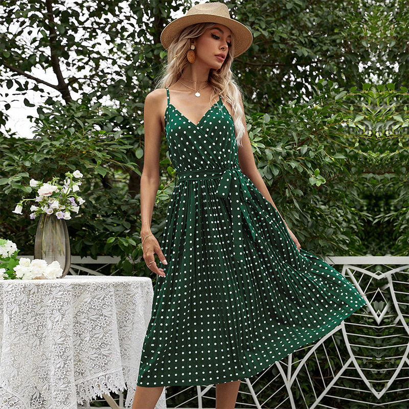 Polka Dot Midi Dress Sleeveless Tie Waist Pleated Design Casual Summer Wear Wholesale Available