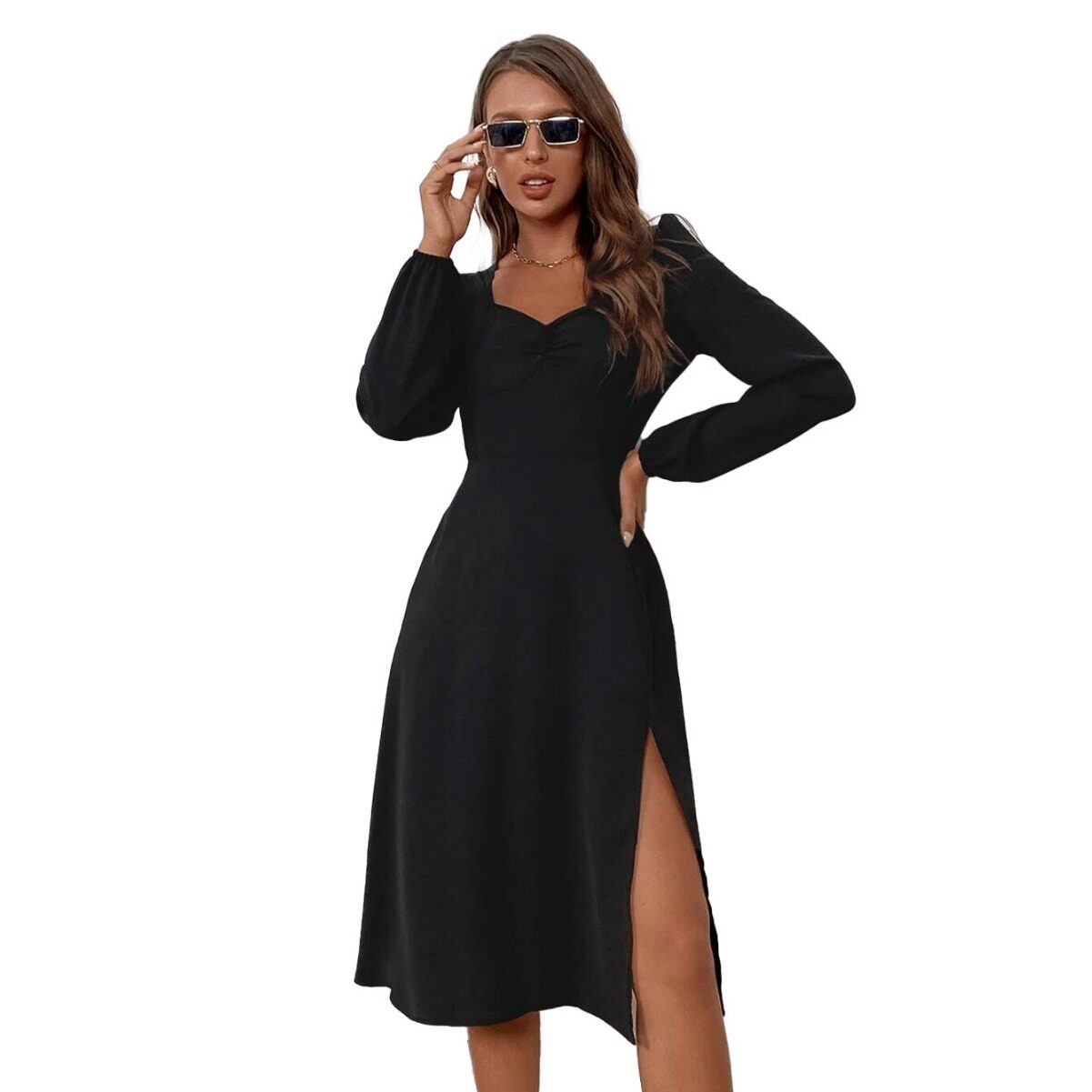 V Neck Long Sleeve Dress Elegant Fit Split Design Mid Length Perfect for Office Wear or Casual Outings Wholesale