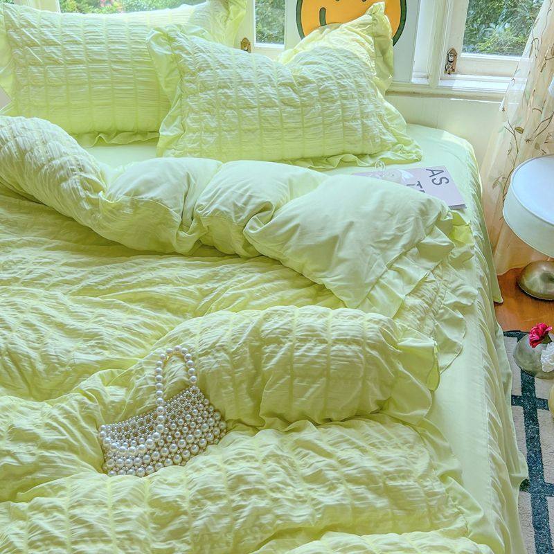 Ins Small Fresh Bubble Skin-Friendly Pure Color Lace Bed Bed Sheets Bed Skirt Four-Piece Set Student Dormitory Three-Piece Set