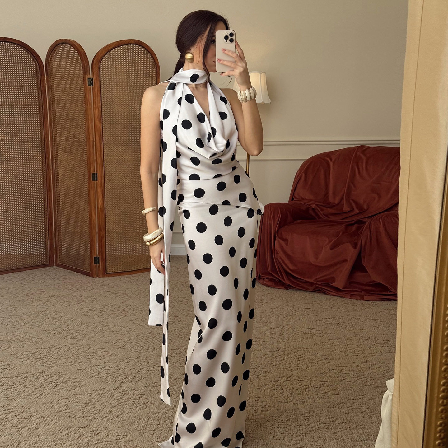 Womens Summer Two Piece Set Stylish Ruffled Neck Top with Tie Fitted Polka Dot Print Skirt Wholesale Available