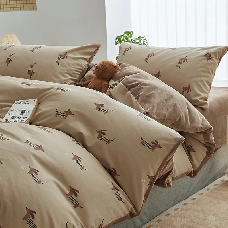 Autumn and winter bedding milk fleece coral fleece Crystal fleece bed sheet three-piece set cotton cotton and fleece quilt cover bed four-piece set