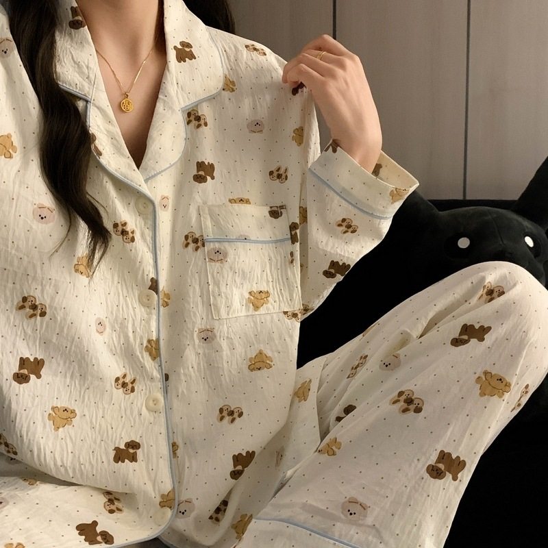 带胸垫大码睡衣女春秋季长袖甜美少女草莓条纹家居服套装现货跨境