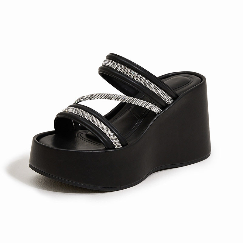 Dép sandal nữ đế dày platform gót 10 cm mũi tròn phong cách đơn giản — Đen, Len nguyên chất