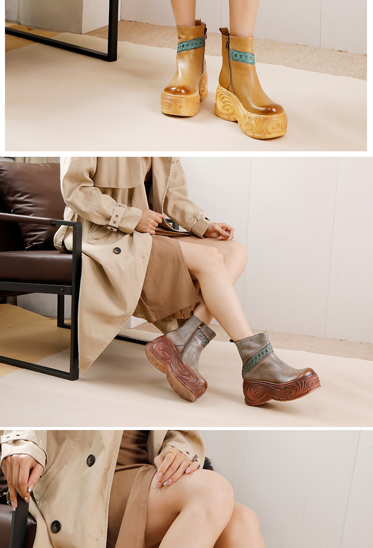 Boot nữ da bò cổ thấp gót cao khóa kéo bên — Màu kaki, Màu xám
