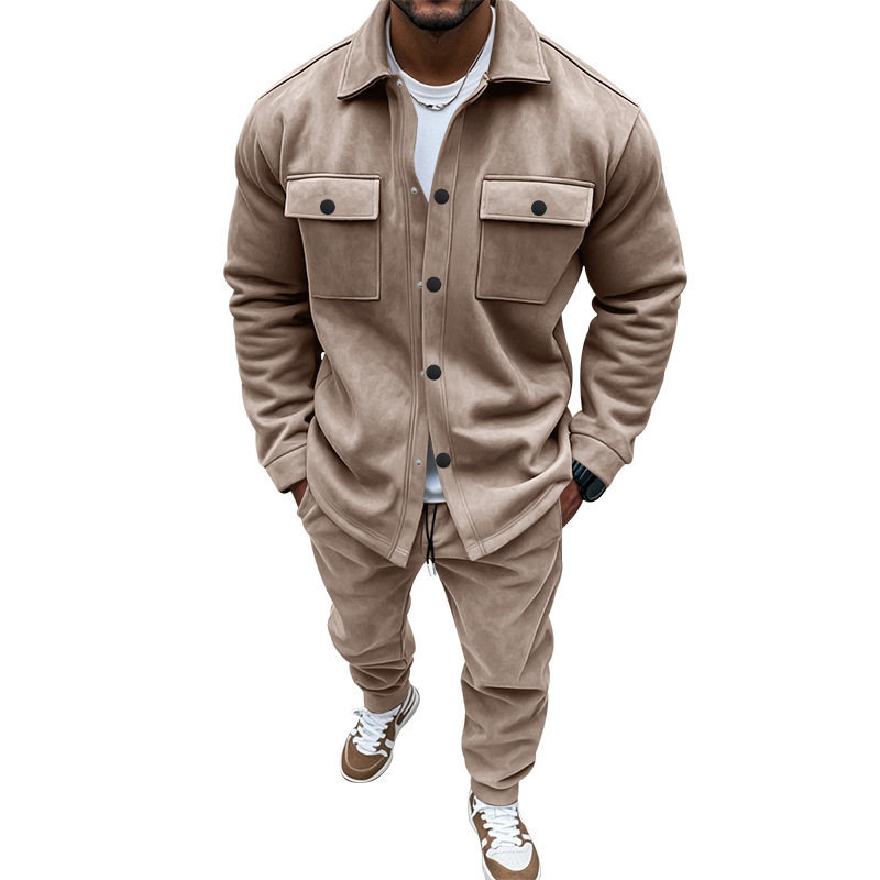Jackets and Casual Pants Two-Piece Set Men's Solid Color Men's Suede Suit