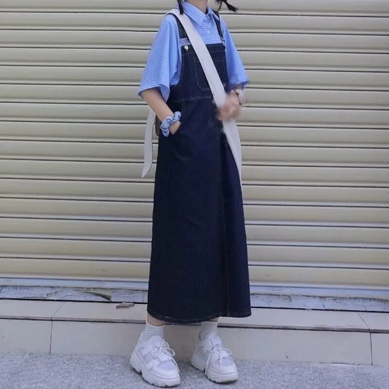 Denim Suspender Dress Loose Fit Mid Length Solid Color Spring and Autumn Casual Wear Wholesale Available