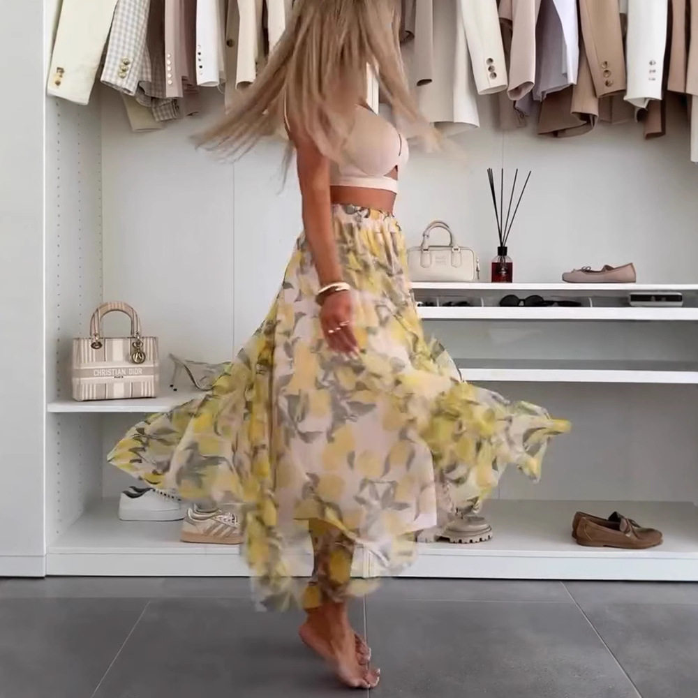 Fashionable High Waisted A Line Mesh Lemon Print Midi Skirt Casual Style for Summer Wholesale Available