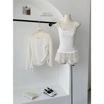 Designed Sun Protection Blouse Women's Long-Sleeved T-Shirt Slimming Look Slanted Shoulder Off-Shoulder Lace Camisole Top Two-Piece Set