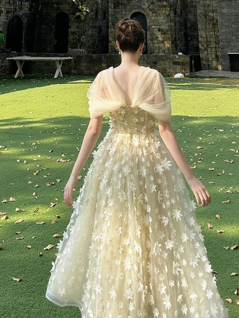 Đầm maxi nữ thắt eo họa tiết hoa nổi 3D tay ngắn cổ vuông — Trường An chi tiết 8