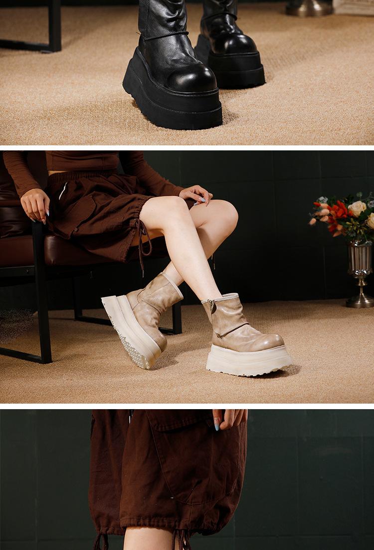 Boot nữ cổ thấp đế dày da bò đầu lớp lót da cừu tăng chiều cao — đen, quần kaki