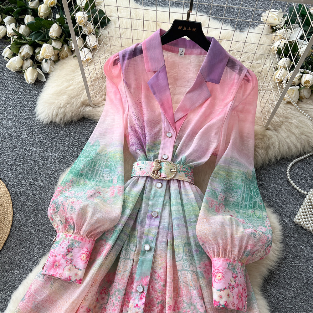 French Romantic Gradient Print Long Sleeve Dress Button Closure Waist Tie Elegant Silhouette Summer Occasion