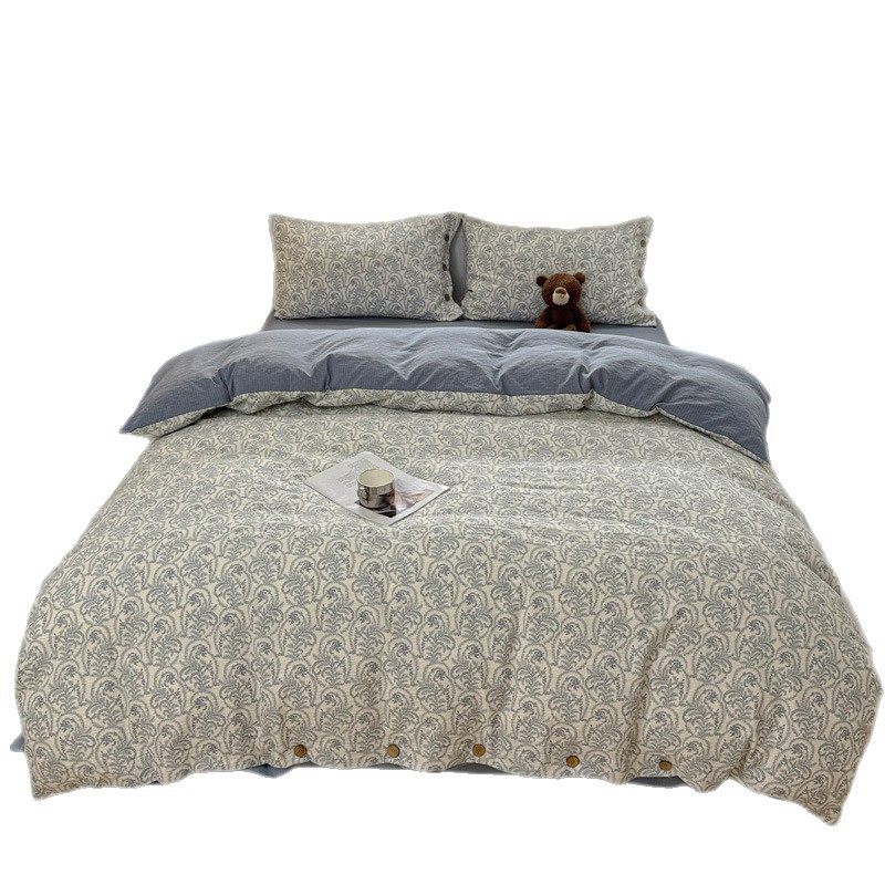 Cotton Raw Linen Four-Piece Set Floral Retro Button Style Pure Cotton Fitted Sheet Single Quilt Cover Dormitory Three-Piece Bedding Set