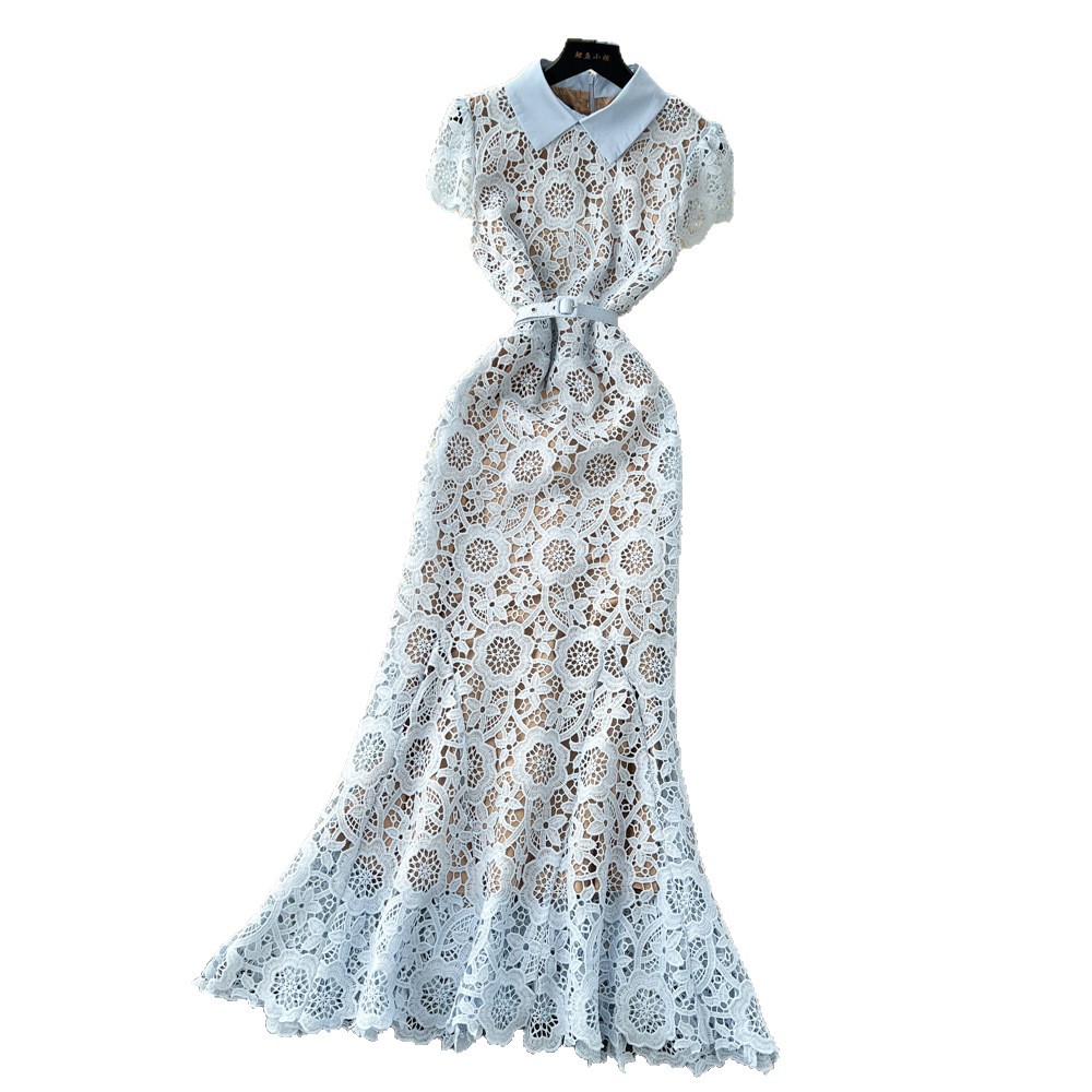 Elegant French Style Midi Dress for Women High End Hollow Lace Slim Fit Flared Hem Autumn Fashion Wholesale