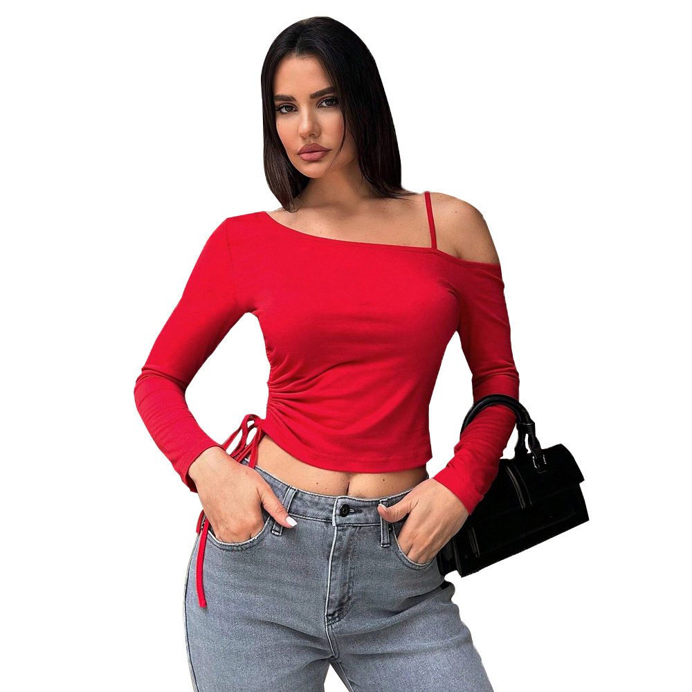 Asymmetrical Neck Crop T Shirt Sweet and Spicy Style Red Color Spring Summer Fashion Wholesale Available