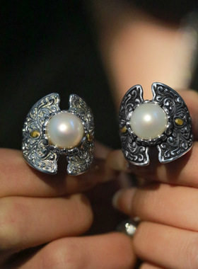 珍珠浮雕唐草纹盾牌宽戒指重工个性小众设计感时尚级冷淡风戒指