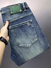 Dujia High-end European Men's Jeans for Autumn and Winter Blue D Casual G Stretch Slim-fit Small Straight-tube Washed Men's Trousers