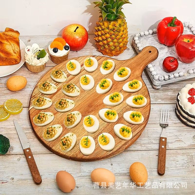 Cross-Border Acacia Wood Egg Tray Kitchen Egg Tray Compartment Round Solid Wood Multi-Compartment Duck Egg Tray with Handle