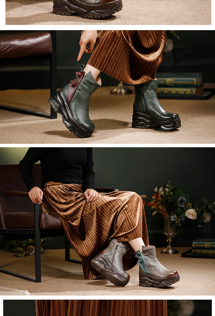 Boot nữ cổ thấp da bò thật đế dày tôn dáng thủ công — màu xám, xanh lá cây