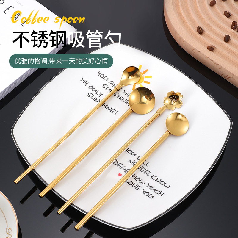 Factory Direct supply 304 stainless steel straw cherry blossom round head tableware dual-purpose spoon milkshake smoothie stirring straw spoon