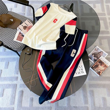 Fashion Sports Casual Short-sleeved suit Women's Summer 2024 New Slim-fit Contrast Color Wide-leg Pants Fashion Two-piece Set