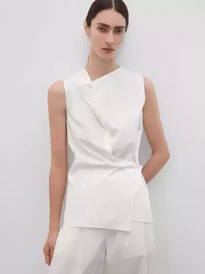 TH ~ ROW European and American minimalist sleeveless shirt women's summer line sense hanging collar pleat buckle wrap shirt women