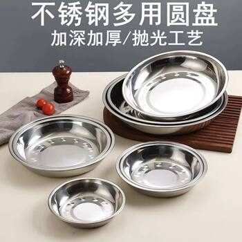 Thickened Stainless Steel Plate, Round Plate, Fruit Plate, Deep Plate, Kindergarten Dinner Plate, Multi-Specification Household Dish, Vegetable Plate, Wholesale