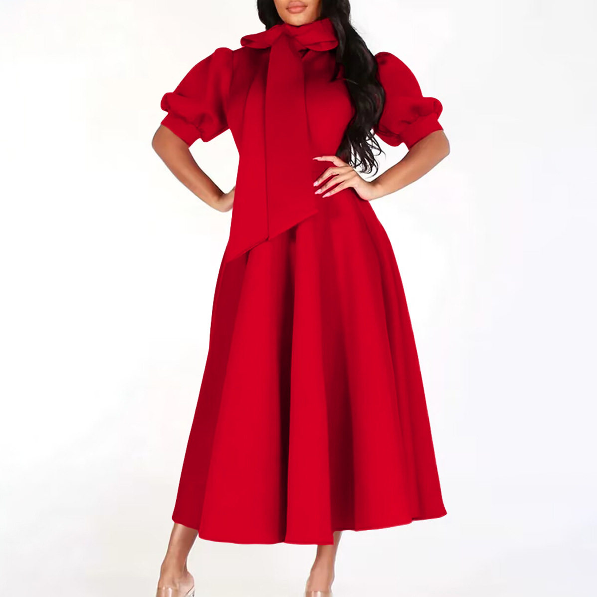 Elegant Puff Sleeve Solid Color Maxi Dress Waist Tie Flattering Fit Spring Summer Style Wholesale Available