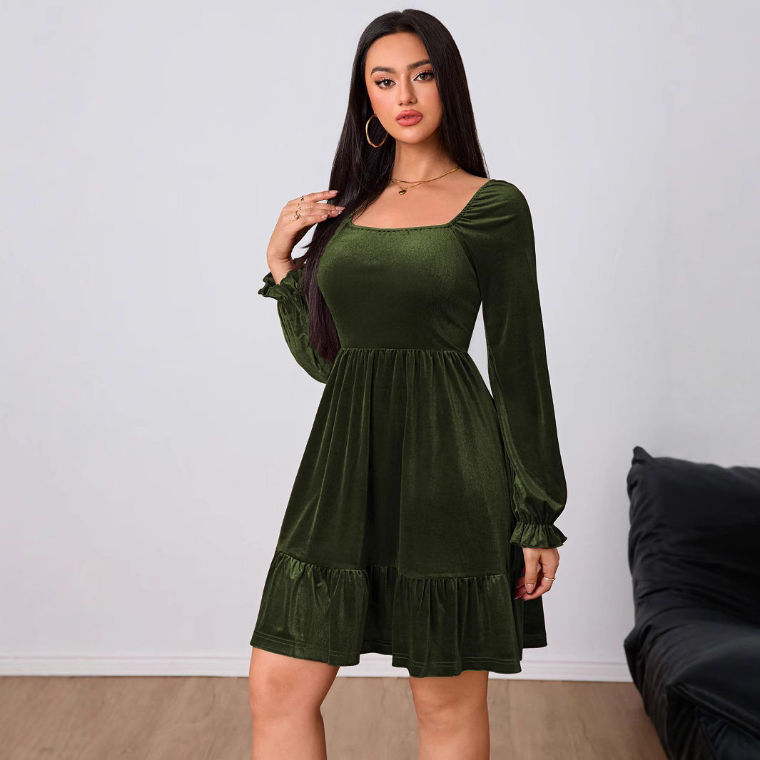 French Style Velvet Midi Dress Elegant Burgundy Color Spring Summer Collection Wholesale Available