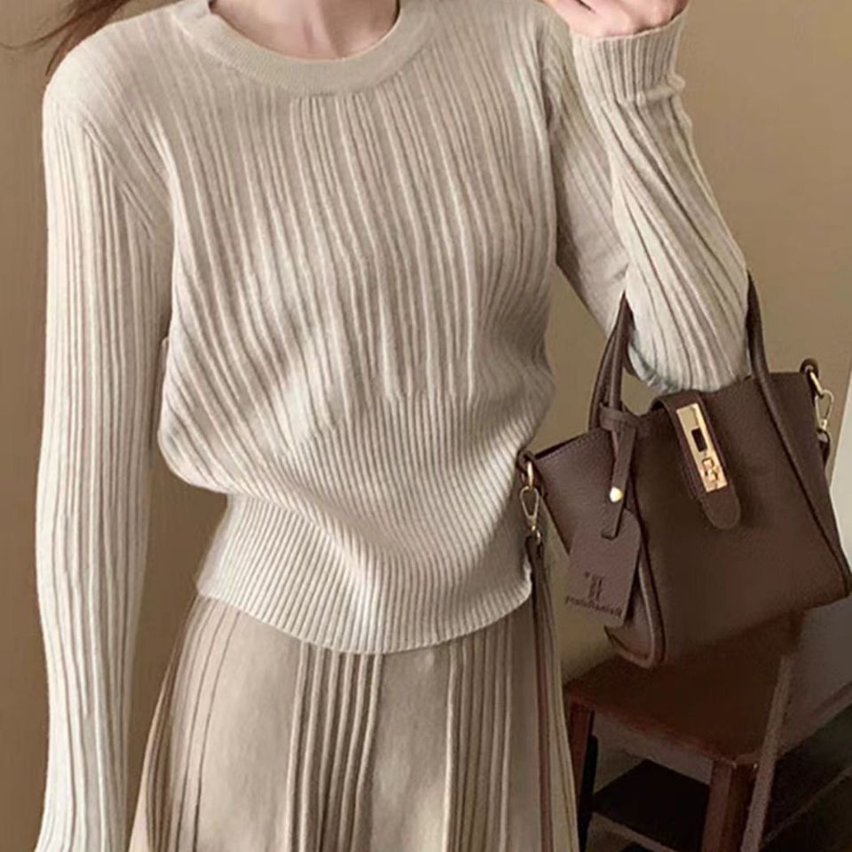 High Waist Pleated Knit Set Slim Fit Elegant Style Casual Chic Perfect for Autumn and Winter Wholesale Available