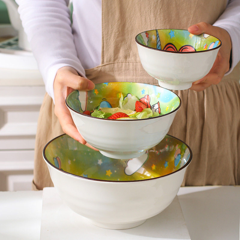 Unicorn ceramic bowl plate Japanese cartoon hand-painted tableware cute household children's rice noodle bowl dish plate suit
