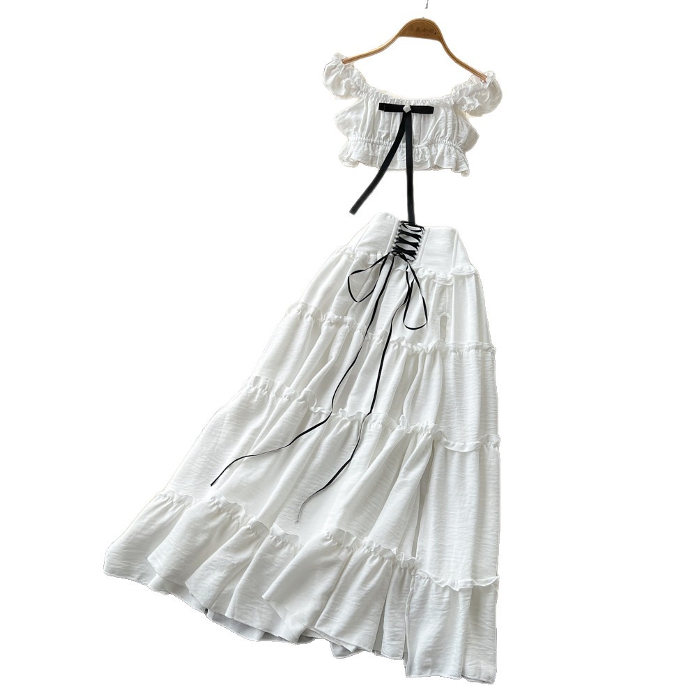 Off Shoulder Puff Sleeve Top with Tie Sweet French Style High Waisted Cake Skirt Set Summer Womens Fashion Wholesale