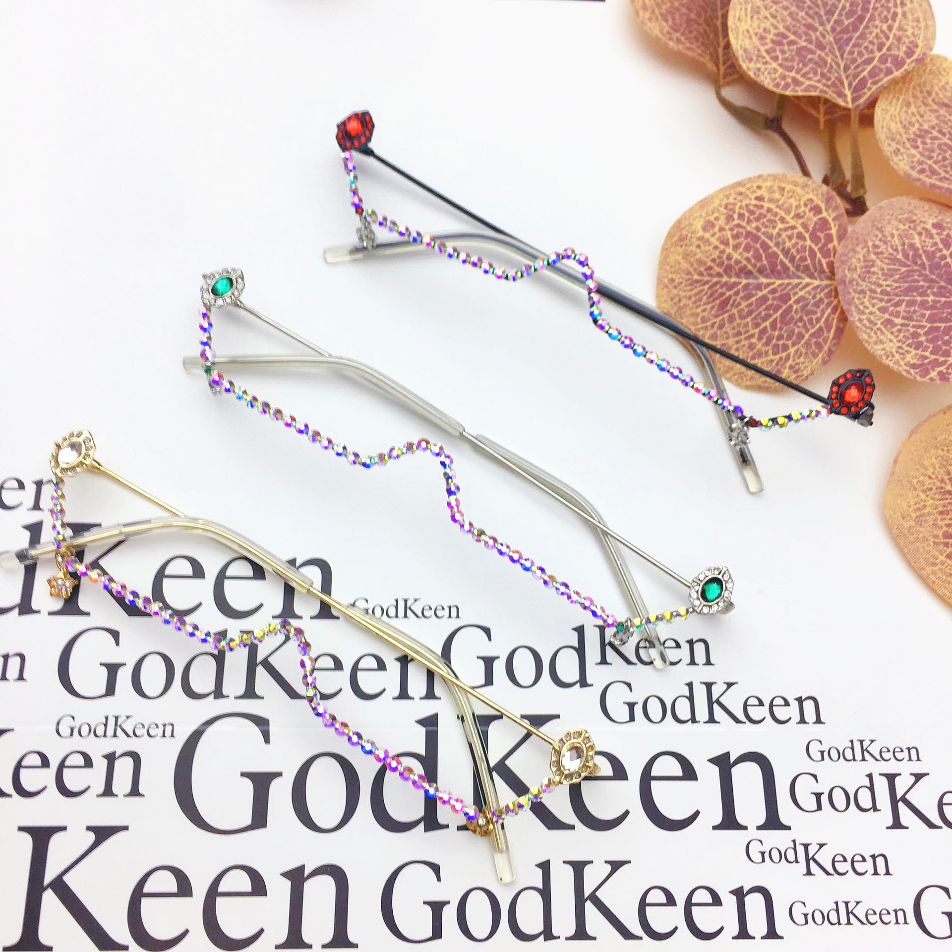 2023Ins Lower Half Frame Lensless Glasses Frame European and American Cross-Border Metal Diamond Glasses Fashionable Water Diamond Glasses