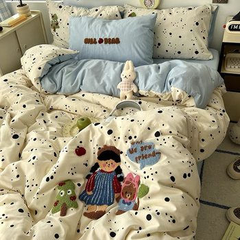 Class A Bedding Four-piece Set Pure Cotton Washed Cotton Bed Sheet Quilt Cover Hat Quilt Cover Student Dormitory Single Three-piece Set 2