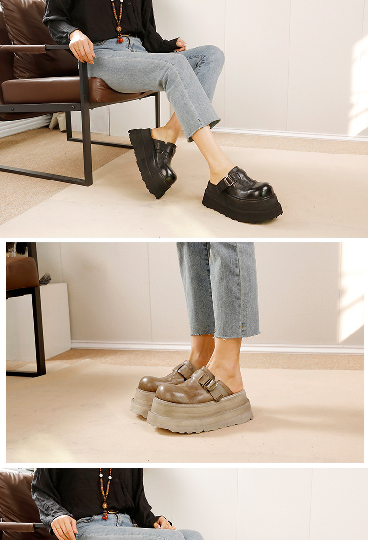 Dép sandal nữ bít mũi da bò đế dày êm chân — Màu đen, Màu đỏ, Màu kaki