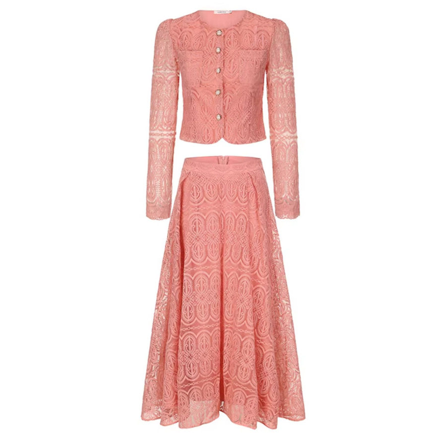 Chic Lace Two Piece Set Fitted Top with Pearl Button High Waisted Flared Skirt Autumn Office Wear Wholesale Available